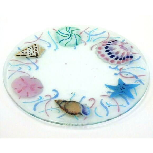 Andra DuRee Martin FUSED ART GLASS PLATE Starfish Sea Shell Sand Dollar Nautical - Picture 5 of 5